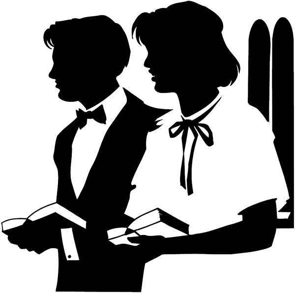 Man and woman in Church silhouette vinyl sticker. Customize on line. People 069-0547